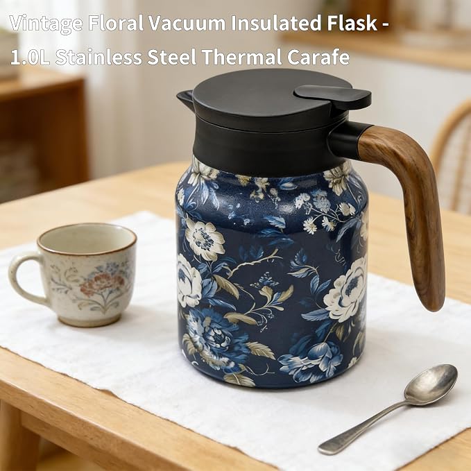 35 OZ Camellia Vintage Floral Tea Pot with Infuser, Large Capacity Insulated Stainless Steel Tea Kettle, 12 Hour Hot/Cold Retention, Tea-Water Separation Loose Leaf Tea Steeper for Hot Drinks
