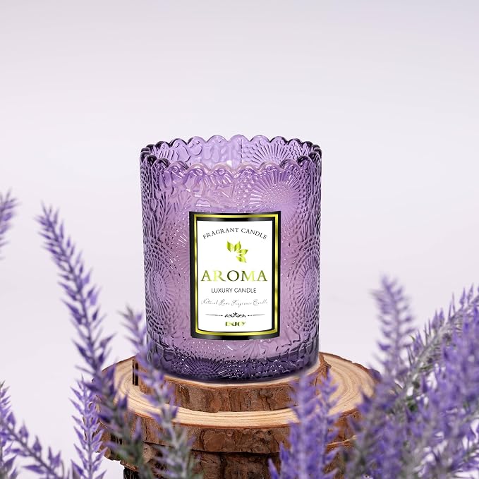 Lavender Scented Candle, Purple Glass Jars - 100% Natural Soy, 5.3OZ, 30HR Burn Time Aromatherapy for Home, Gift for Women & Men, Stress Relief