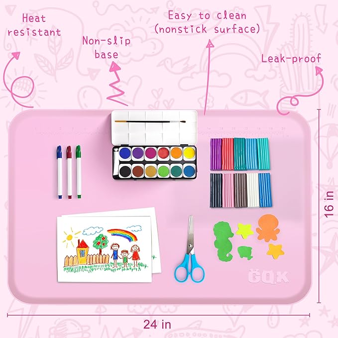 Silicone Art Mat for Crafts, 24" x 16" Painting Mat for Kids with Raised Sides to Stay Tidy, Paint Craft Mats for Clay, Resin, Slime, Jewelry-Making & Crafts Creation (Pink)