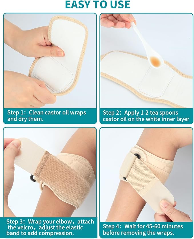 2PCS Castor Oil Pack Wrap for Tennis & Golfer's Elbow Castor Oil Wrap Tennis Elbow Brace Strap for Tendonitis Relief for Women Men Right & Left Hands,2 Per Pack