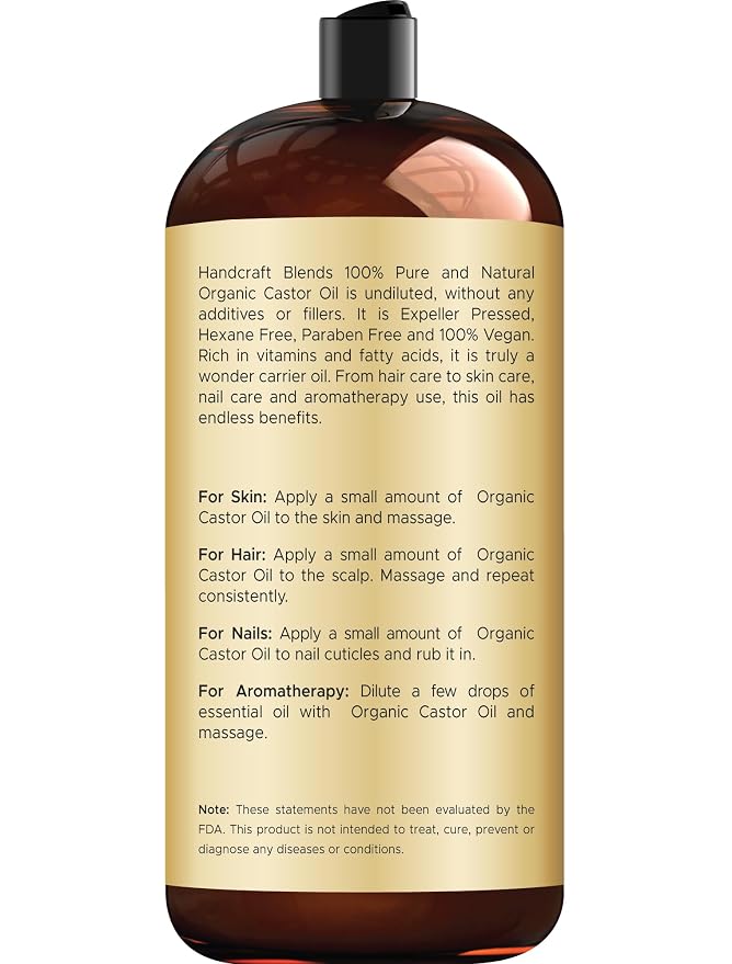 Handcraft Blends Organic Castor Oil 28 Fl Oz | 100% Pure and Natural | Premium Grade Carrier Oil | Hair, Eyelashes and Eyebrows | Hair and Body | Expeller-Pressed | Hexane-Free