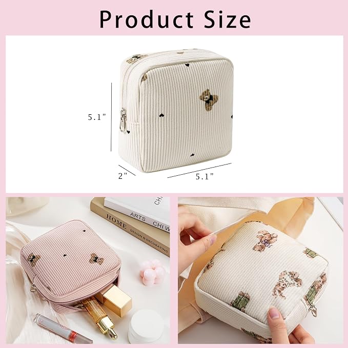 uekeboag 2Pcs Cute Small Soft Corduroy Zipper Makeup Bag for Purse, Coquette Aesthetic Pouch with Bear Pattern for Women Girls, Kawaii Travel Cosmetic Bags（Beige Set）