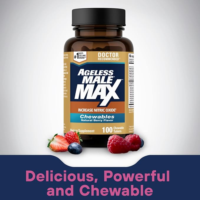 Ageless Male Max Chewable Nitric Oxide Booster Supplement for Men – High Potency Ashwagandha Extract to Boost Workouts, Muscle & Performance, Reduce Stress, Support Sleep - 100 Count