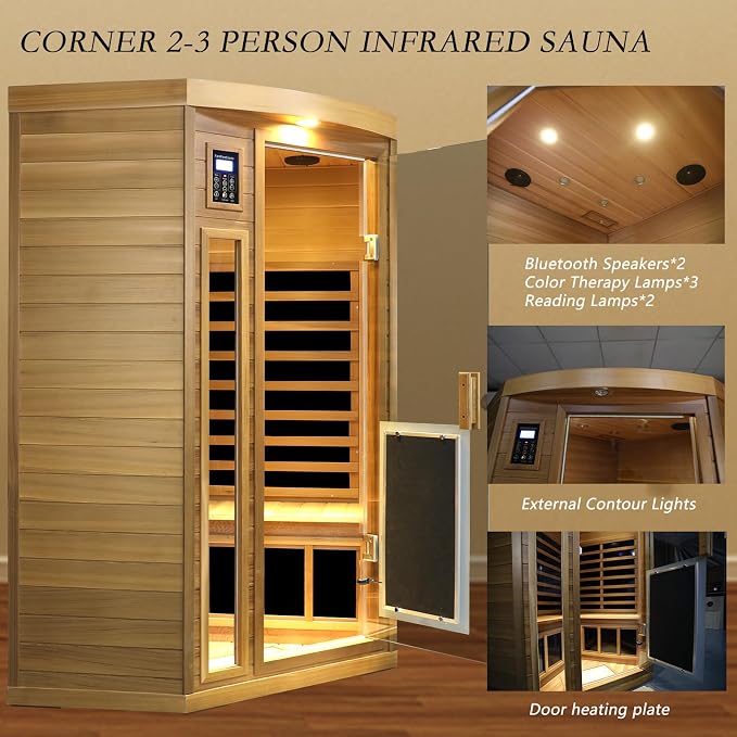 Kanlanth 2-3 Person Infrared Sauna, Red Cedar Wood (0-5mg Ultra Low EMF Infrared Saunas for Home, 1760watt Indoor Personal Sauna with Door Heating Panels, Outdoor Lamps, Blue-Tooth, Dual Control
