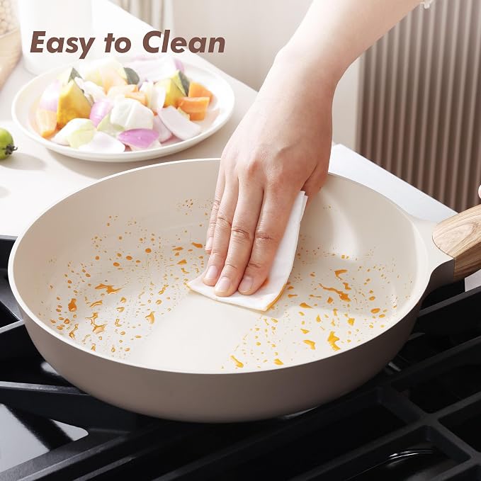SENSARTE 9.5inch Ceramic Nonstick Frying Pan Skillet with Lid, Taupe | Non Stick Omelet Pans, Non-toxic Healthy Kitchen Cooking Chefs Pan, PFOA/PFAS/PTFE Free, Induction Compatible
