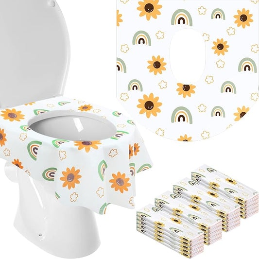 Shimeyao 50 Packs Disposable Toilet Seat Covers Extra Large Individually Wrapped for Kids Adults, Portable Non Slip Waterproof Potty Seat Covers for Toddlers Potty Training Travel(Flowers, Rainbow)