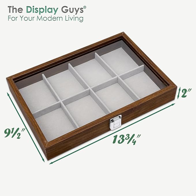 Wooden Travel Jewelry Box w. Tempered Glass Display Lid - Bracelets Storage - 8-Compartments Velvet Organizer (Dark Oak) by The Display Guys