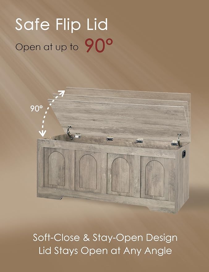 Storage Chest, Wooden Toy Box, Gray Wash 47.2" L | Entryway Shoe Bench, 2 Soft-close Hinges, Finger-safe Flip-Top Lid, Easy Assembly, Farmhouse Large Trunk, Living Room/Bedroom