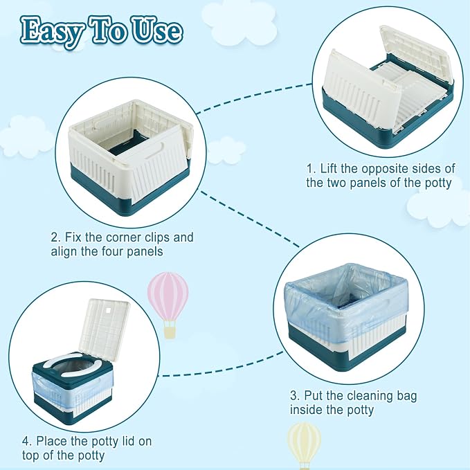Portable Potty Seat for Toddler Travel, Foldable Training Toilet Seats | Emergency Mobile Toilet, for Kids Boys Girls, for Car Camping Outdoor Indoor, with 60 Disposable Cleaning Bags, Storage Bag