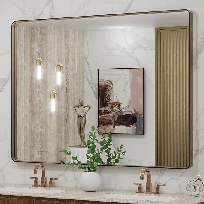 LOAAO 48"X36" Bronze Bathroom Mirror | Rounded Rectangle, Brushed Bronze Metal Frame, Anti-Rust, Tempered Glass, Hangs Horizontally or Vertically