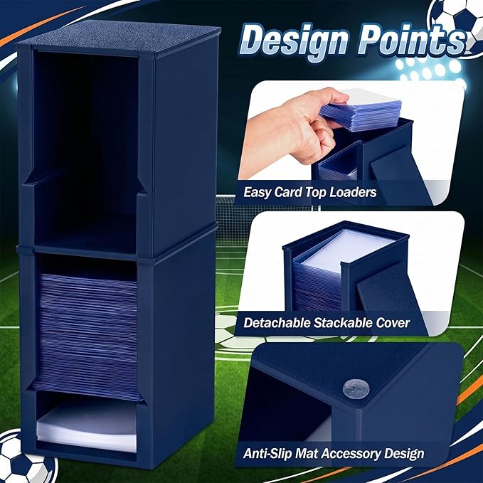 Toploader Dispenser & Penny Sleeve Holder - Dual Compartment Holds 250 Penny Sleeves & up to 50 Top Loaders, Stackable Card Storage Box with Dustproof Lid (Navy)