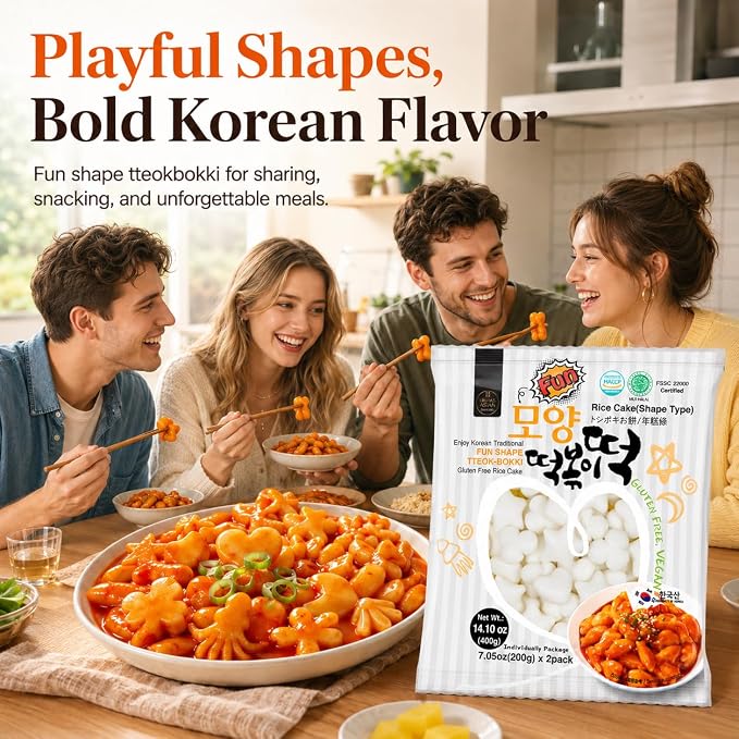 Unha's Fun Shaped Tteokbokki Rice Cakes, 28.20 oz, 4 Pouches | 28.20 oz fun shaped chewy tteok for tteokbokki