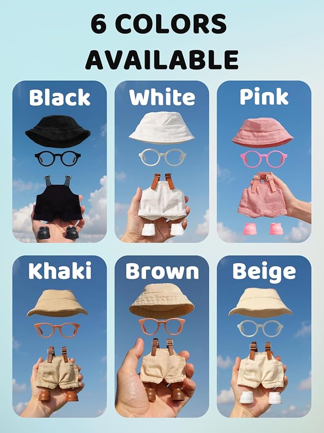 2PCS Doll Clothes Set for 17cm Dolls – Stylish Outfit with 2 Hat, 2 Overalls, 2 Shoes & 2 Glasses of Clothes Designer, Cute Clothes for Dress up Unique Style (Khaki+Beige) (Doll Not Included)