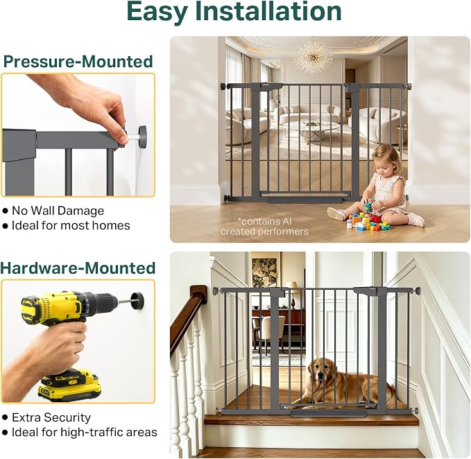 Cumbor 30-48" Baby Gate for Stairs and Doorways, Mom's Choice Award Winner, Pressure Mounted Dog Gate Indoor with Self-Closing Walk Through Door, Easy Install, Double-Lock Design, Cool Gray