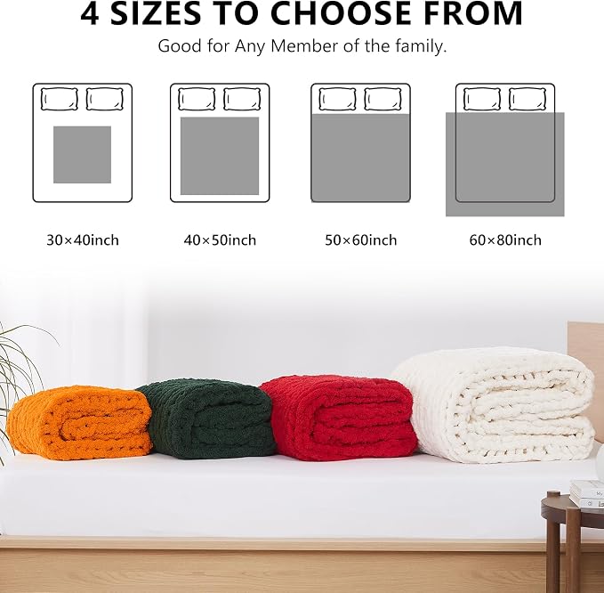 L'AGRATY Chunky Knit Throw Blanket for Couch 60'' x 80'' Knit Throw, Orange | Handmade Chenille Crochet Blanket for Sofa Bed, Thick Cable Knitted Blankets for Room Home Decor, Birthday Gift for Women Mom