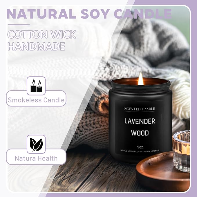 Lavander Wood Scented Candles for Home Scented Aromatherapy Candles, Hand-Poured, 9 OZ, 50H Clean Burn,Soy Wax Candle Gift Set for Women Men