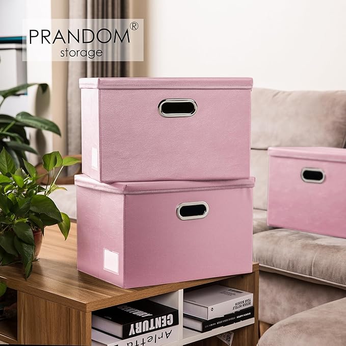 Large Stackable Storage Bins with Lids [3-Pack] Leather Fabric Foldable Storage Boxes Organizer Containers Baskets Cube with Cover for Bedroom Closet Office Nursery Pink (17.7x11.8x11.8)