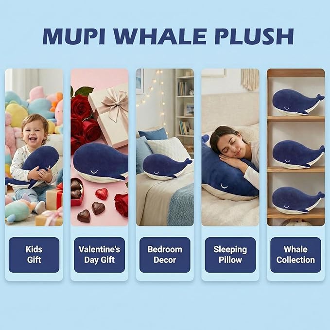 Whale Stuffed Animals Plush Pillow 4 Size Cute Soft Cotton Plushies Pillows Kawaii Blue Whale Toy Gifts for Kids Boys Girls Adults (Blue, 33 Inch)
