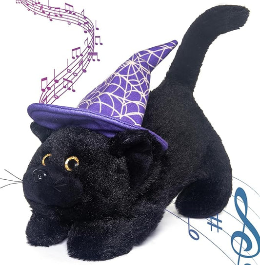 My OLi Halloween Black Cat Plush Toy with Creepy Voice - Cute Lying Cat with Witch Hat - Spooky Halloween Stuffed Animal for Kids, Toddlers for Trick-or-Treaters