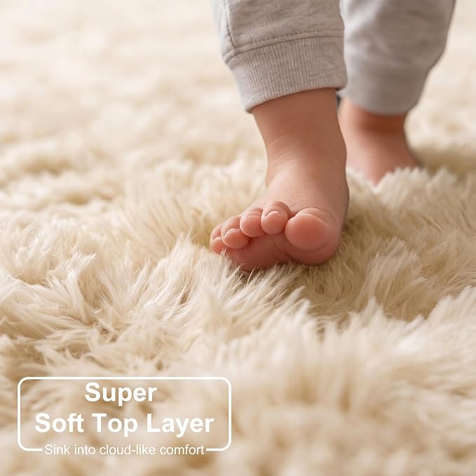 Amdrebio Beige Area Rugs for Bedroom Kids Room, 5x7 Fluffy Plush Shag Furry Cute Rug for Living Room Decor Aesthetic, Soft Shaggy Fuzzy Neutral Tan Carpet for Teens Baby Nursery Playroom Preppy Dorm