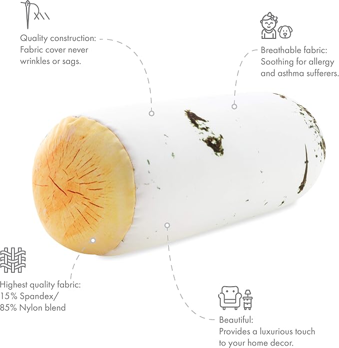 PILLOWY Microbead Log Roll Pillow - Bolster Tube Pillow Cushion Perfect Therapy Pillow - Airy Squishy Soft Bead Bag Bed Room Decoration, Neck Pillow Back Head Body Support, 14" X 8", Birch Wood