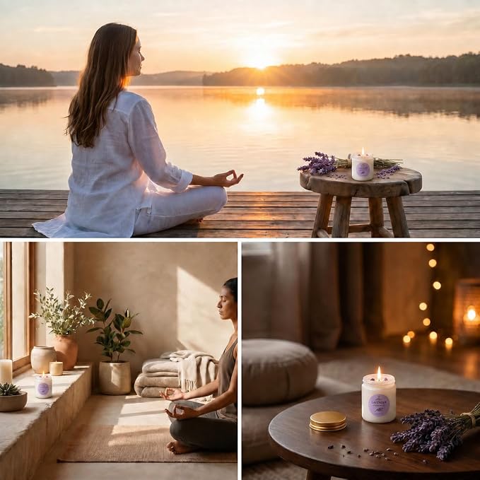 Meditation Candle Gift, 9 oz Lavender Crystal Candle, Gold Lid | White jar with gold lid, lavender soy candle, amethyst crystals, 9 oz, 40 hour burn, self care gift