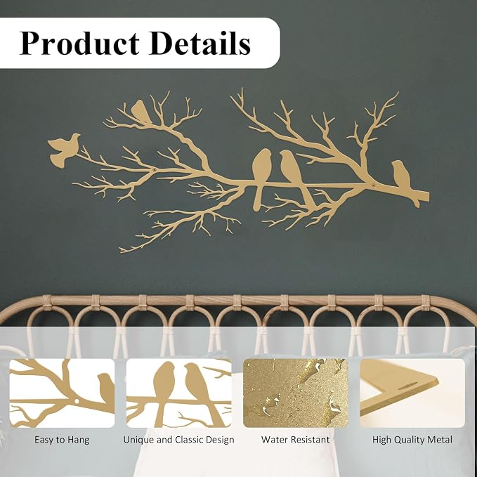 ESTART Metal Birds Wall Art, Metal Vivid Birds on Branch Silhouette Wall Decor Gold Leaves with Bird Outdoor Hanging Wall Sculpture for Home Living room Bedroom Balcony Garden (Gold, Small)