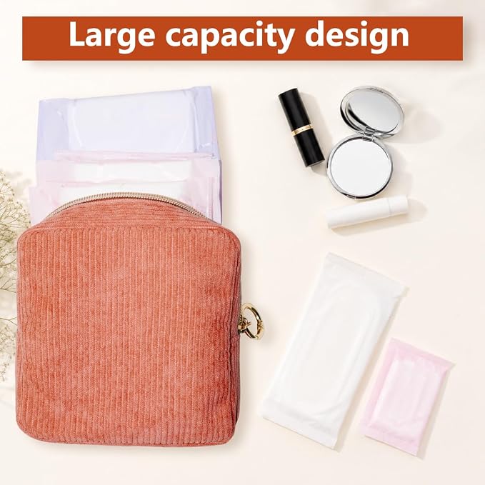 Period Bag for Girls, Corduroy Period Kit with Sanitary Pad Pouch, Menstrual Storage Bag and Tampon Holder for Purse, Girls School Essentials,Feminine Care Organizer(Orange)
