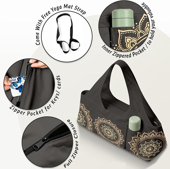 Women's Yoga Bag with Yoga Mat Carrier - Large Mat Pocket Fitness Tote for Pilates, Gym, Travel, Office & Beach