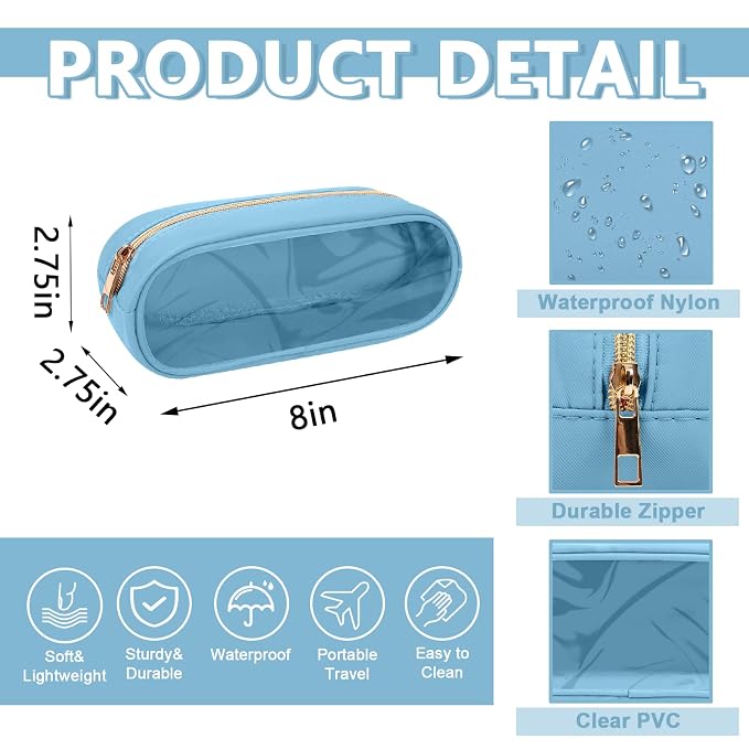 UIXIZQ Clear Small Pencil Pouch Makeup Bag for Purse,Nylon&PVC Pencil Case Waterproof Makeup Brush Holder with Zipper,Preppy Transparent Pen Bag Travel Cosmetic Bag for Women Office(Slim-Blue)