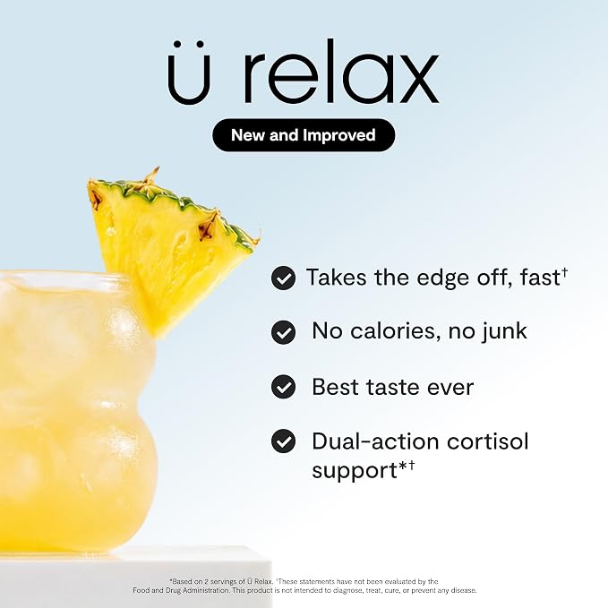 Ü Relax 2.0 Powder Drink Mix, Pineapple, Ashwagandha & L-Theanine, Adaptogens, Cortisol, Sleep Aid, Ready-to-Mix, Sugar Free, Zero Calorie, 20 Stick Packs