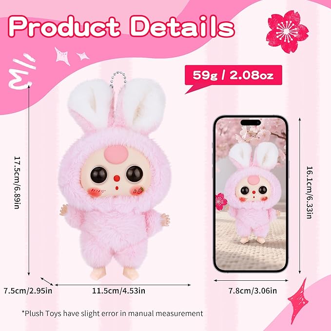 Vinyl Plush Pendant, Stuffed Animals with Cute Vinyl Face Vivid Expression for Girls Boys, Kawaii Macaron Pink Plush Figures Stuffed Doll Gift for Birthday Christmas Home Car Décor Collectibles Toys