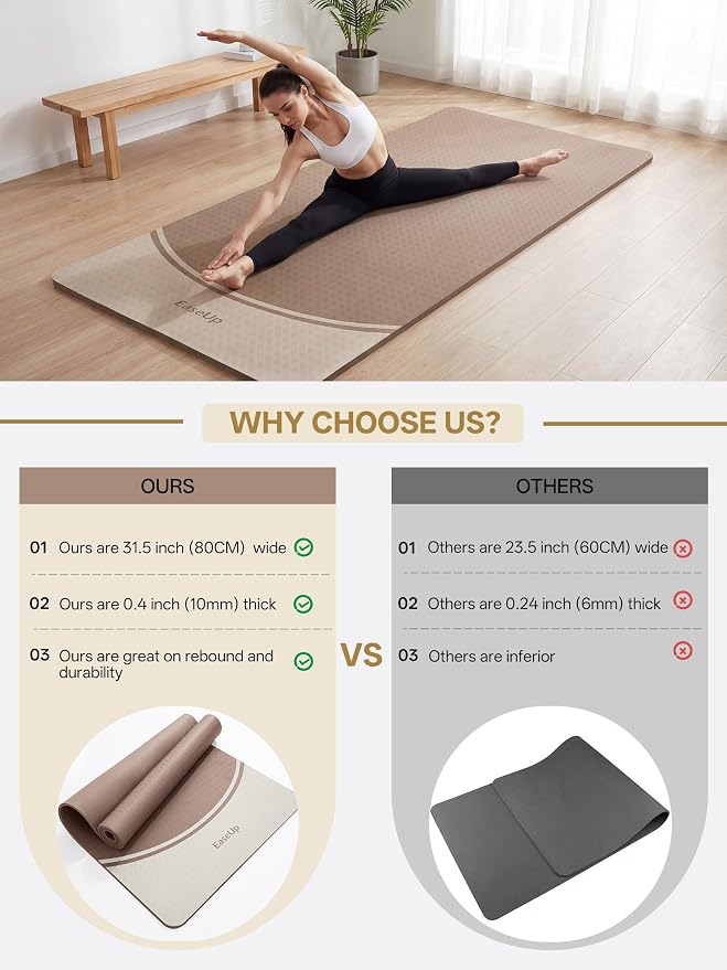 EaseUp Extra Thick Yoga Mat -2/5 inch (10MM), 72.8x31.5" Extra Long-Wide, Professional TPE Non-slip yoga mats for Yoga,Exercise, Workout,Pilates and Fitness, with strap