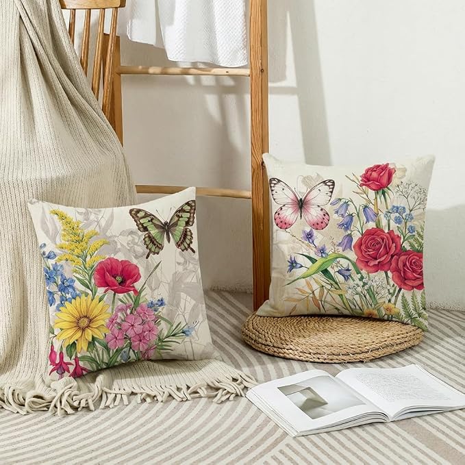 wyooxoo Throw Pillow Covers 16x16 Set of 4 Decorative Spring Pillow Covers Linen Flower Butterfly Farmhouse Pillowcases for Sofa Couch Living Room Outdoor