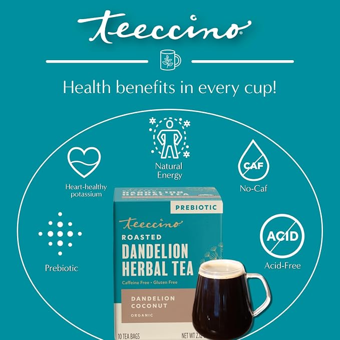 Teeccino Dandelion Coconut Tea - 10 Tea Bags - Caffeine Free, Roasted Herbal Tea with Prebiotics, 3x More Herbs than Regular Tea Bags, Gluten Free