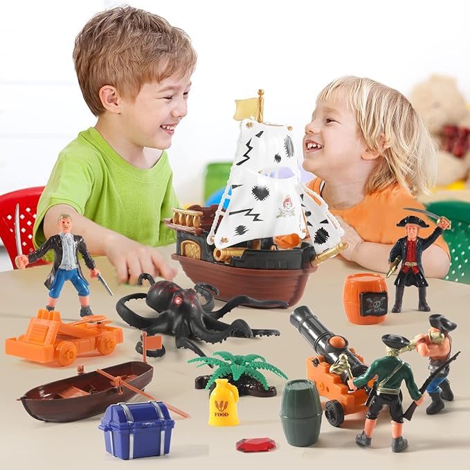 Pirate Action Figures Playset with Boat, Treasure Chest, Cannons, Shark, Pirate Ship Toys-Pirate Toy, 50 PCS Kids Pretend Adventure Set Figures, Birthday Gifts for Age 2 3 4 5 6 Year Old Boys Girls