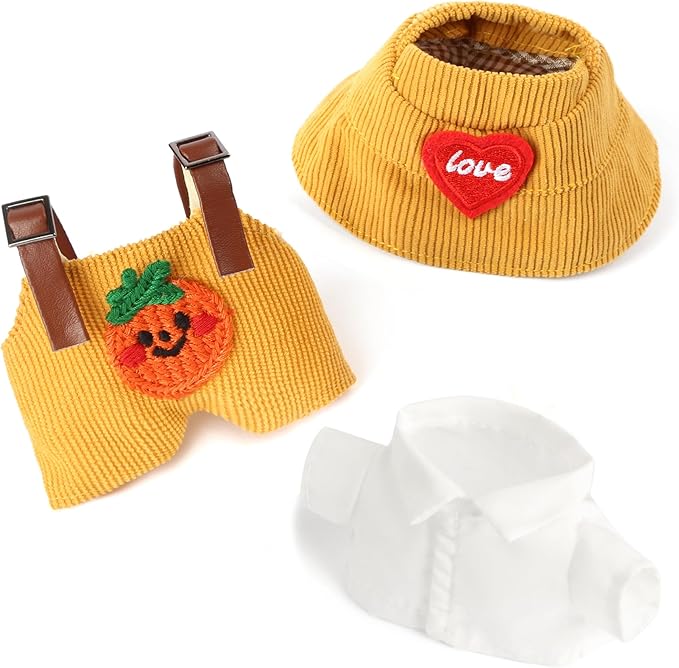 3-Piece Doll Clothes for Labubu & 17cm Dolls – Stylish Fisherman Hat Set, Kawaii Doll Outfits with Accessories for Collectors or Display - Yellow Pumpkin (No Dolls)