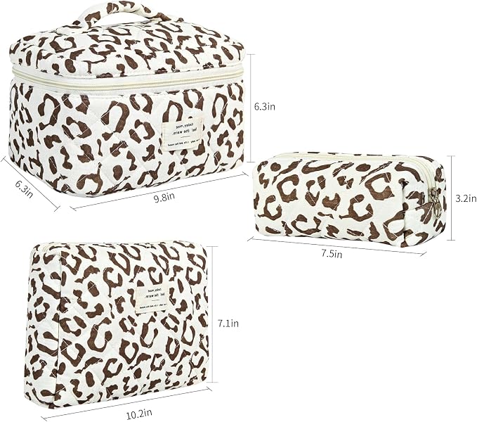 GISMTR 3Pcs Makeup Bag Cotton Quilted Travel Cosmetic Bag Cute Floral Makeup Pouch Large Toiletry Bag for Women Girls