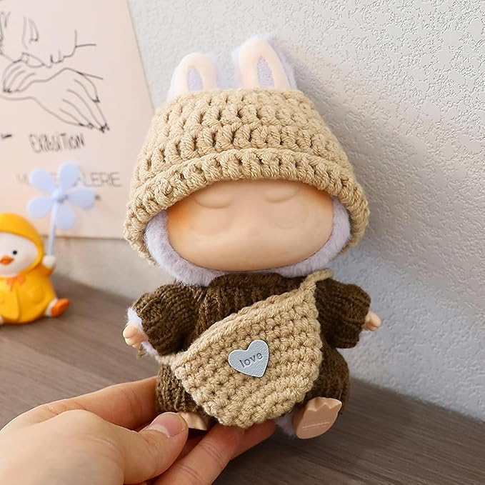Clothes for Labubu(NO Doll),Handcrafted Crochet Set for Labubu Clothes 15cm/17cm Doll,Premium Outfit with Accessories,Cute Clothes for Dress up Unique Style(Brown Sweater)