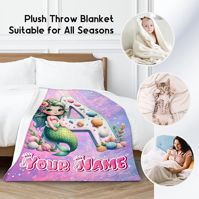 Personalized Blanket for Girls - Mermaid Blankets for Kids Ages 4 5 6 7 8 9-50"x60" Custom Throw with Name Monogrammed Gifts - Flannel Throws Initial Room Decor