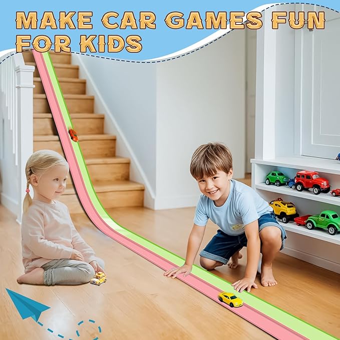 Flex Tracks 15 Ft for Kids Starter Set, Flexible Race Car Ramp Track with Suction Cups Compatible with Hot Wheels and Diecast 1/64th Cars for Ages 3 & Up (Green & Pink)