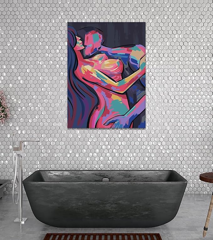 Yeesjoee Abstract Adults Sex Wall Art Sexy Couple Body HD Print Nude Lovers Kissing Colorful Naked Picture Canvas Paintings Woman and Man Modern Home Decor for Bedroom College Dorm, 24x36 in Framed