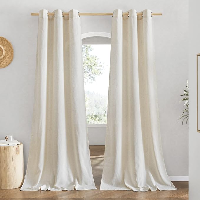NICETOWN Boho-Chic Linen Curtains 84 inch Long 2 Panels Set, Grommet Thick Linen Blend Semi-Sheer Drapes Privacy Assured with Light Through for Bedroom/Living Room, Natural, W42 x L84
