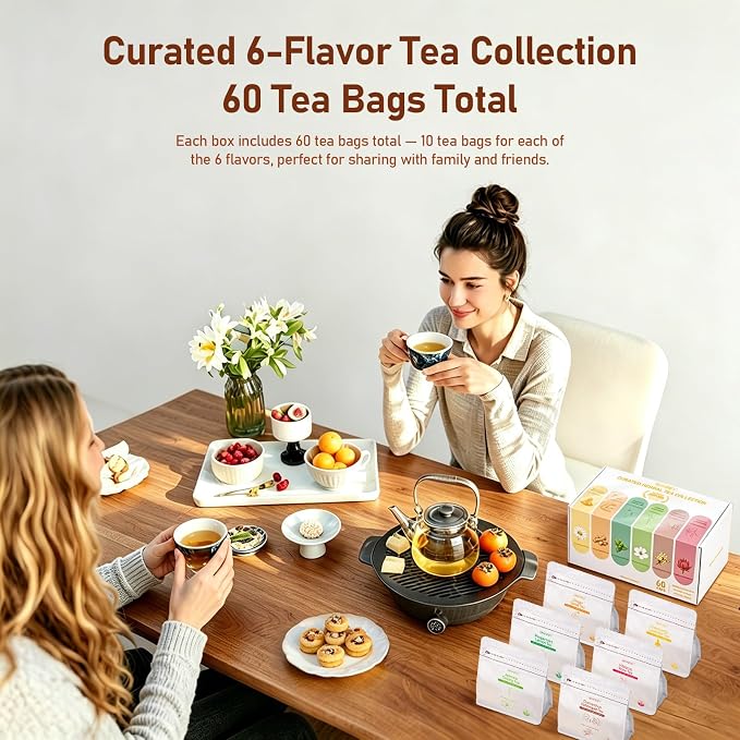 RHYSRIEY Herbal Tea Variety Pack, 60 Tea Bags, 6 Flavor Gift Set | Real tea leaves, flowers, fruits and botanicals with no artificial flavors, colors or preservatives