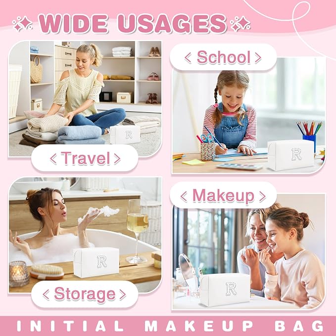 Bride Gifts – Personalized Initial Makeup Bag with Pearl Rhinestone Patch, Preppy White Monogram Cosmetic/Toiletry Pouch, bridesmaid Gifts, Bridal Shower Gifts, Wedding Gifts, Bridal Gifts,R