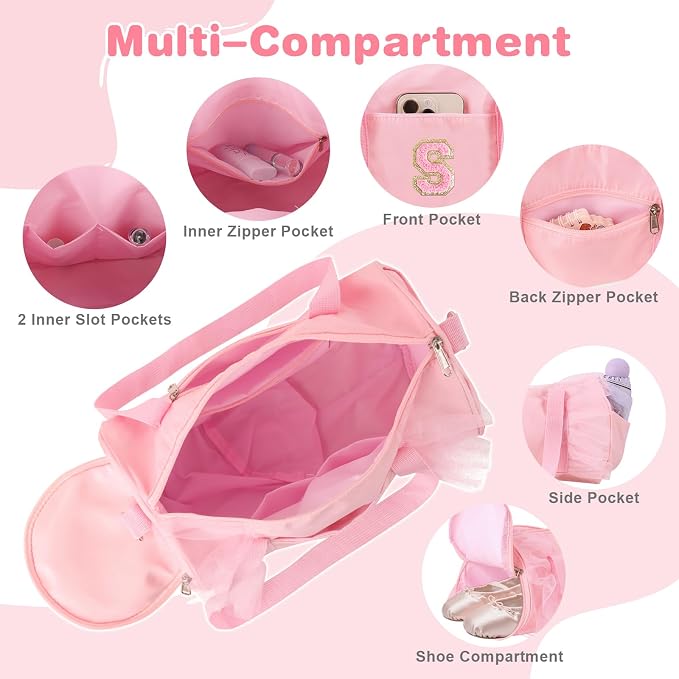 Personalized Initial Dance Bag for Girls 6-9, Medium Lace Gym Sport Yoga Cheer Dance Bags Gift for Teen Girls, Cute Letter Kids Ballet Bag Toddler Travel Duffel Tote with Adjustable Straps(Pink-S)