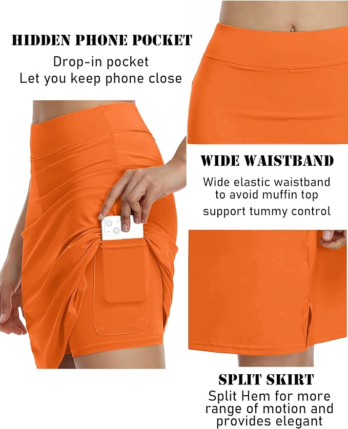 COOrun Women's 20" Knee Length Skirts High Waisted Golf Skorts with Pockets | Soft, Quick Dry, Split Hem, Built-in Shorts, A-line, Modest Skirts, for Golf Athletic Tennis Work Casual