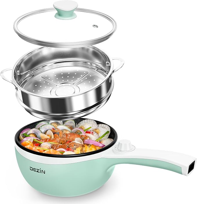 Dezin Hot Pot Electric with Steamer, 1.5L Non-Stick Portable Electric Pot | Dual Power, Upgraded 700W Electric Pot for Cooking Steak, Egg, Oatmeal, Ramen Cooker for Dorm, Travel, RV, Office, Green Pan