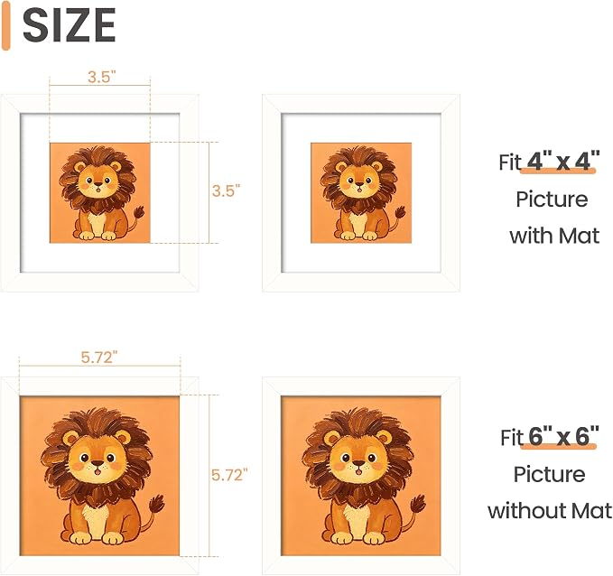 upsimples 6x6 Picture Frame, Display Pictures 4x4 with Mat or 6 x 6 Without, Wall Hanging Square Frames, White, 1 Pack