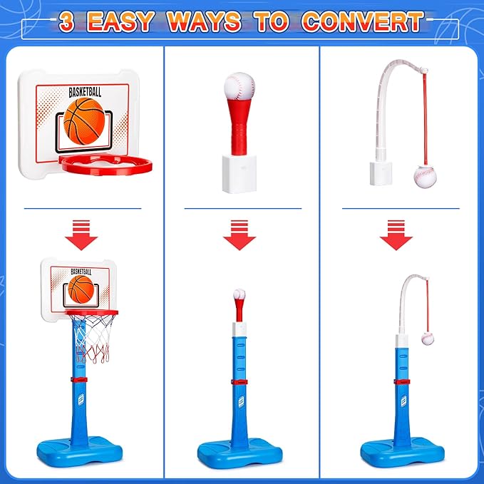 3 in 1 Kids Basketball Hoop and T Ball Set, Adjustable Height Toddler Basketball Hoop, Hanging Tee Baseball, Indoor Outdoor Sports Toys Gifts for Toddlers Boys Girls Ages 3 4 5 Year